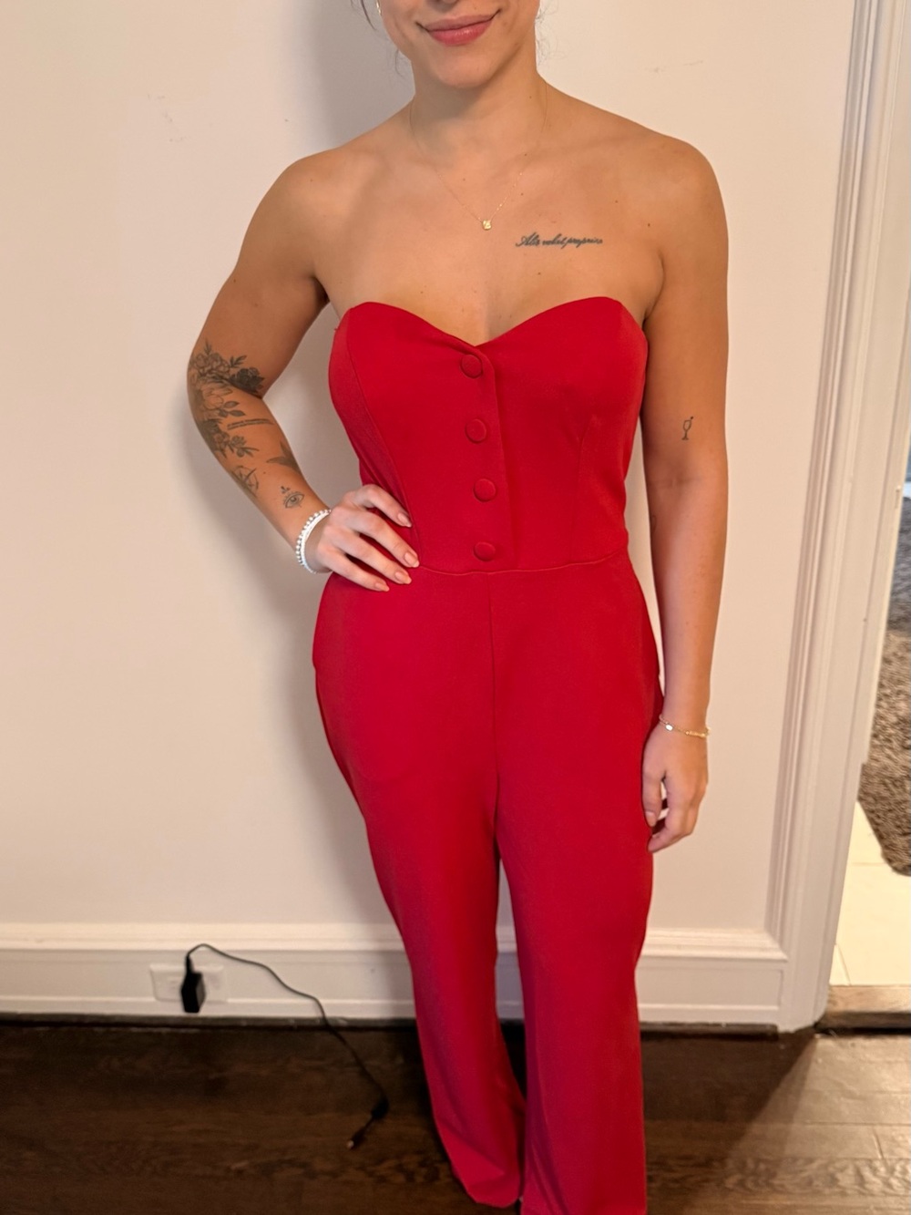 Strapless Red Button-Front Jumpsuit